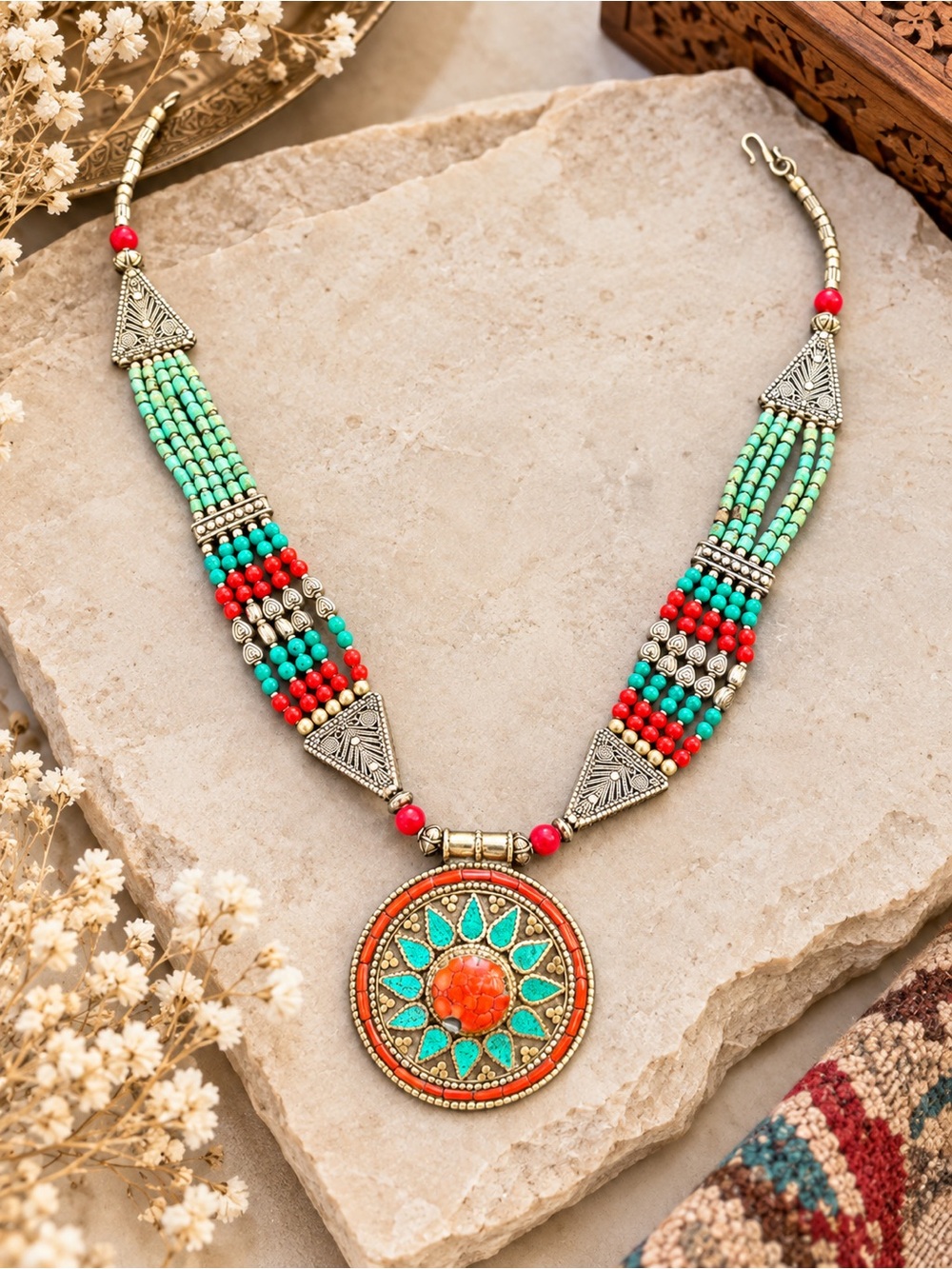 Boho Turquoise & Coral Statement Necklace – Ornate Pendant